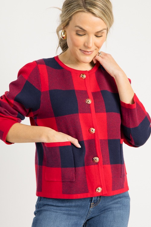 Check Button Cardigan, Red
