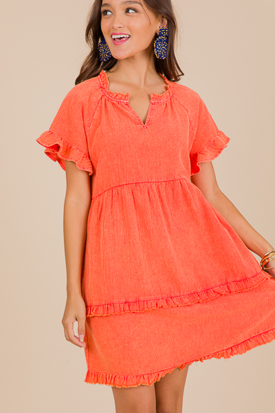 Mineral Wash Tier Dress, Coral