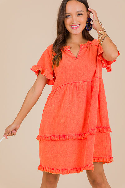 Mineral Wash Tier Dress, Coral