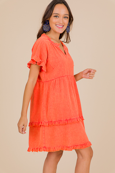 Mineral Wash Tier Dress, Coral
