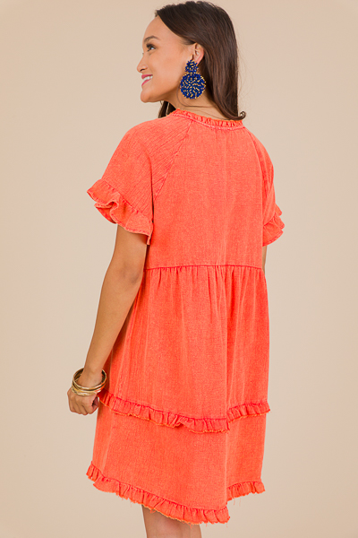 Mineral Wash Tier Dress, Coral