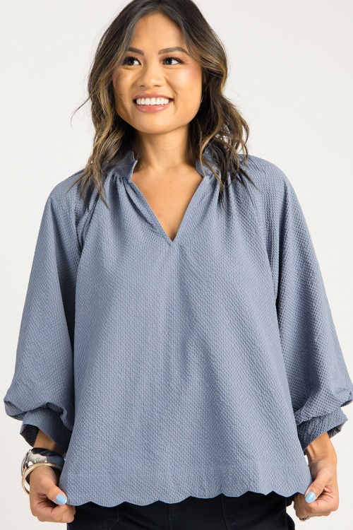 Scallop Hem Texture Blouse, Steel Blue
