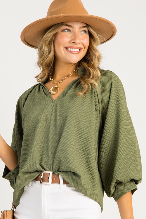 Scallop Hem Texture Blouse, Olive