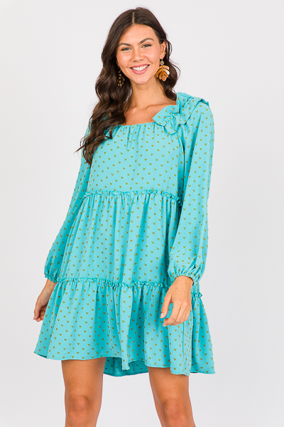 Heart Texture Ruffle Dress, Turquoise