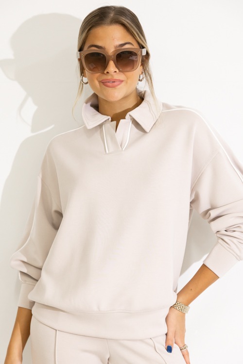 Piping Collared Pullover, Mocha