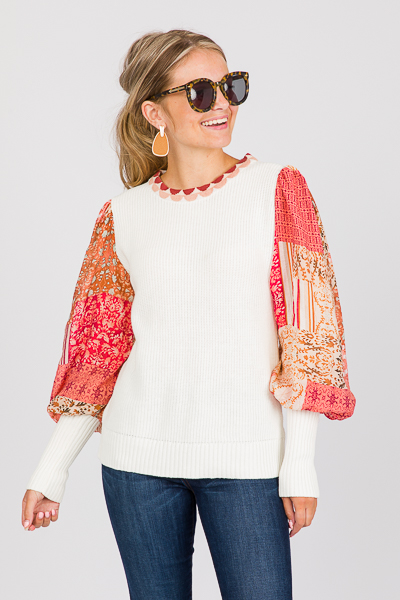 Patch Sleeves Sweater, Cream/Rust