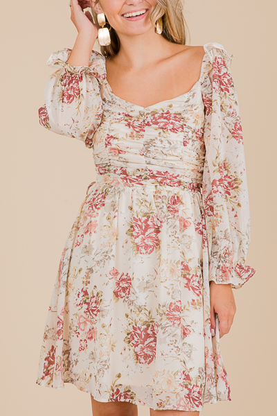 Floral Ruched Dress, Cream