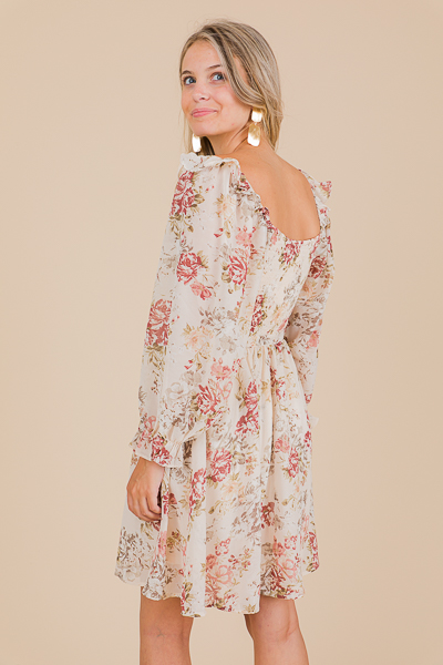 Floral Ruched Dress, Cream