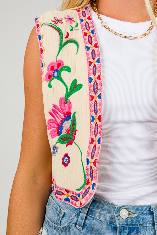 Floral Embroidery Vest, Pink