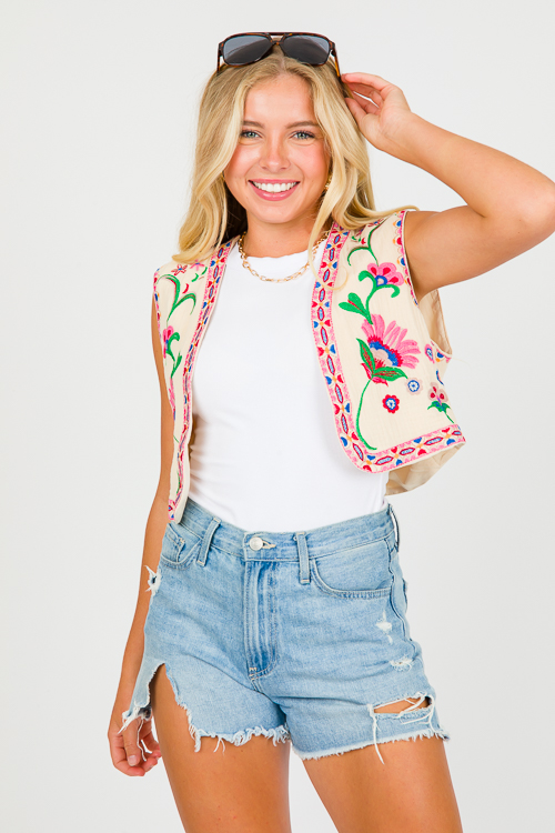 Floral Embroidery Vest, Pink