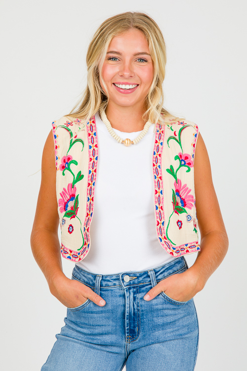 Floral Embroidery Vest, Pink