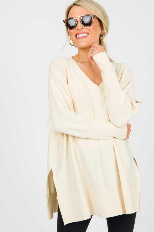 V-Neck Tunic Sweater, Natural