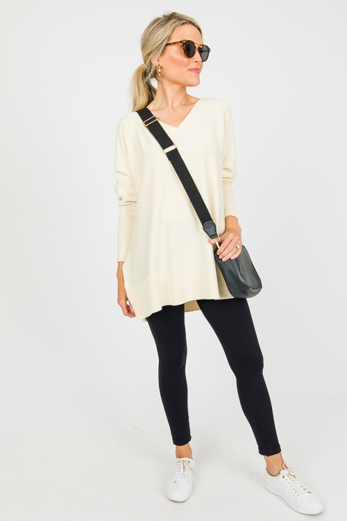 V-Neck Tunic Sweater, Natural