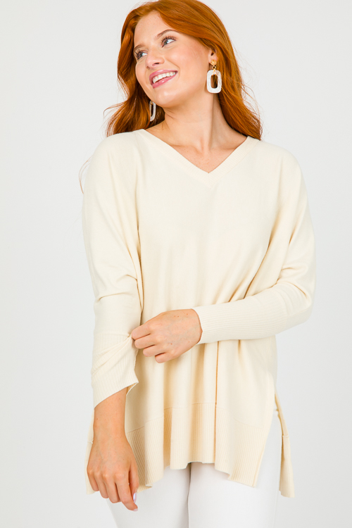 V-Neck Tunic Sweater, Natural