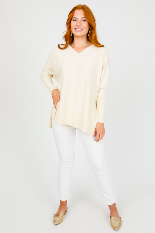 V-Neck Tunic Sweater, Natural