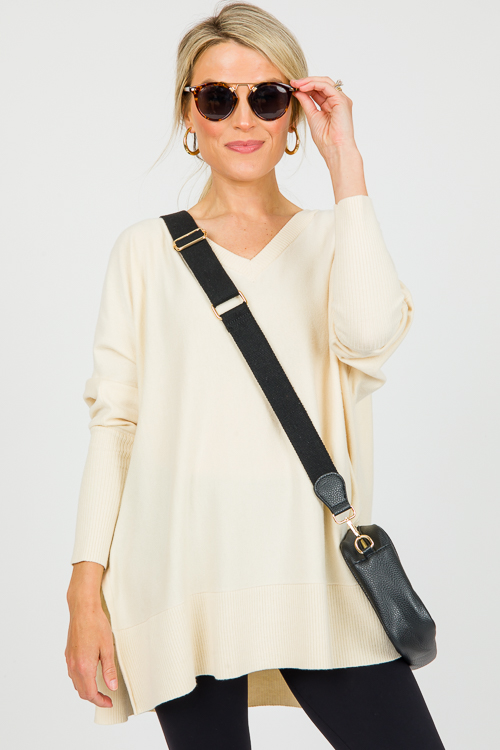 V-Neck Tunic Sweater, Natural