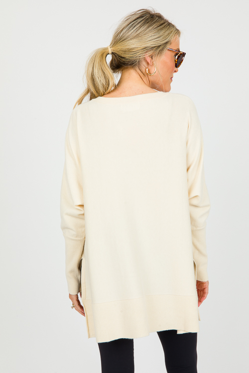 V-Neck Tunic Sweater, Natural