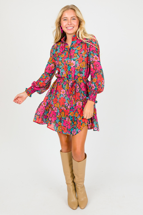 Floral Button Up Dress, Teal/Fuchsia