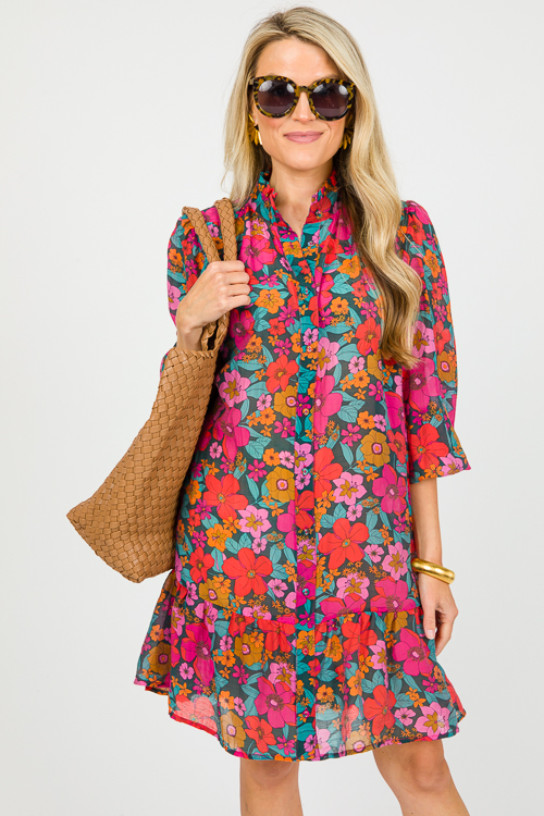 Floral Button Up Dress, Teal/Fuchsia