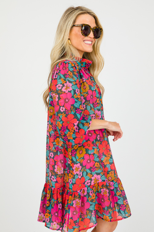 Floral Button Up Dress, Teal/Fuchsia