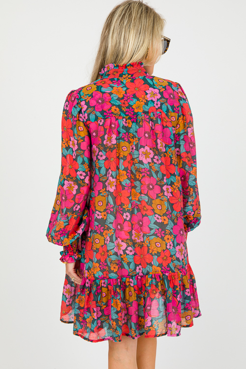 Floral Button Up Dress, Teal/Fuchsia