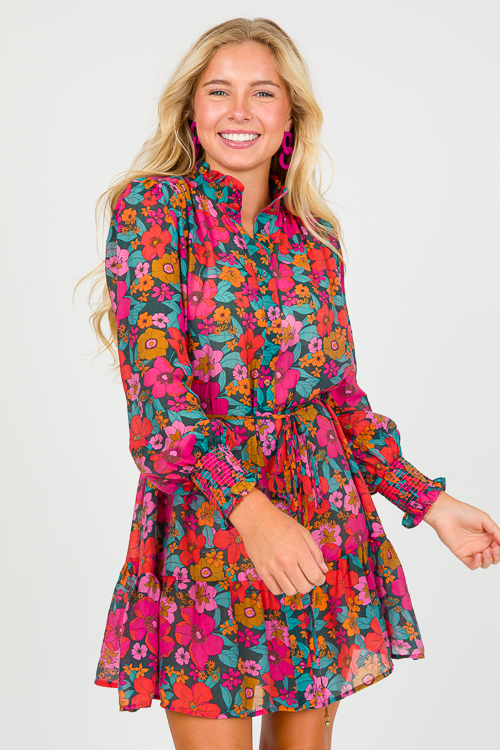 Floral Button Up Dress, Teal/Fuchsia