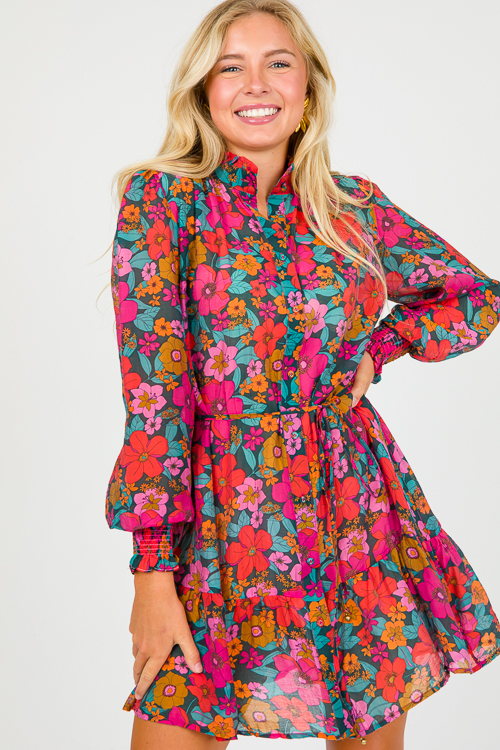 Floral Button Up Dress, Teal/Fuchsia