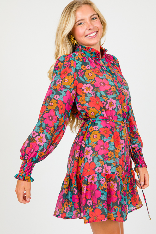 Floral Button Up Dress, Teal/Fuchsia