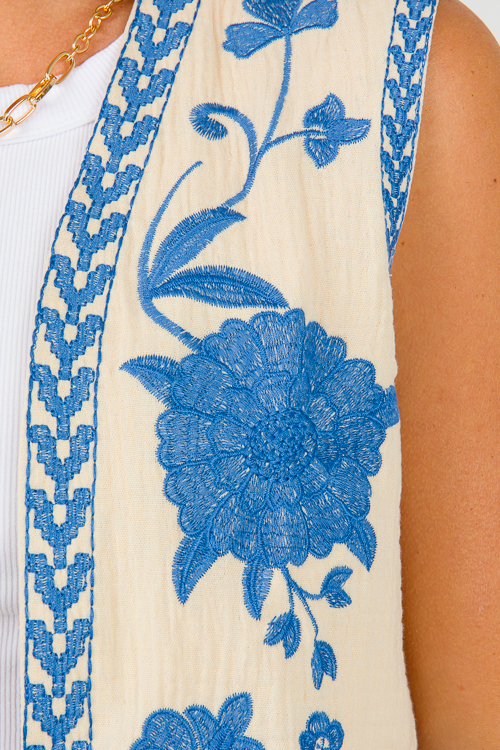 Floral Embroidery Vest, Blue