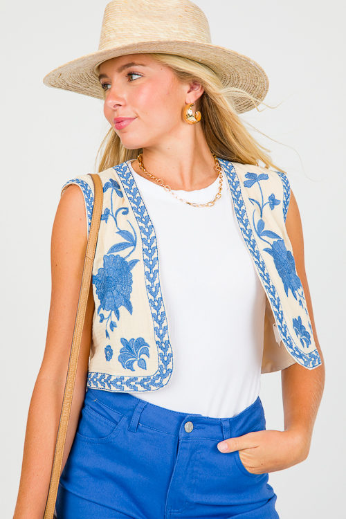 Floral Embroidery Vest, Blue