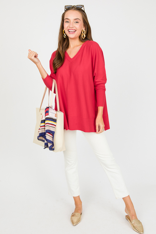 V-Neck Tunic Sweater, Red