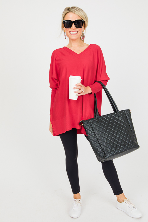 V-Neck Tunic Sweater, Red