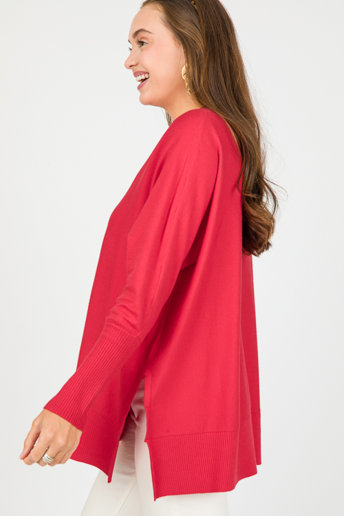 V-Neck Tunic Sweater, Red