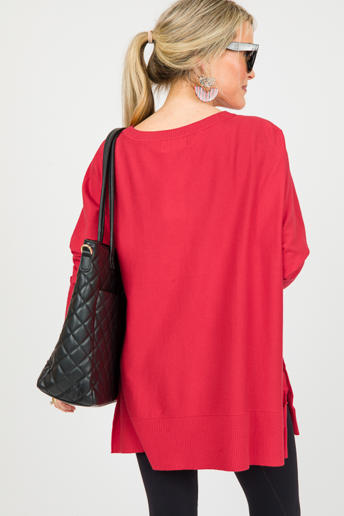 V-Neck Tunic Sweater, Red