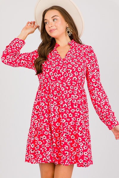 Tiered Floral Dress, Red