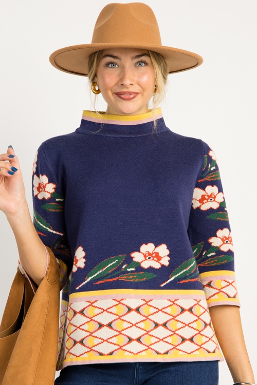 Patterned Mock Neck Sweater, Navy