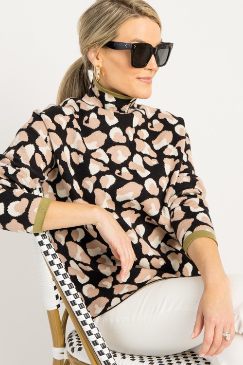 Olive Trim Leopard Sweater, Black