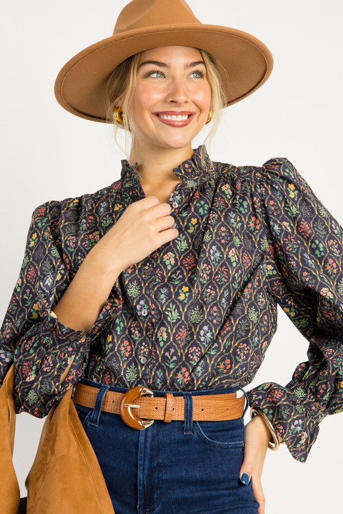 Vintage Floral Button Top, Navy