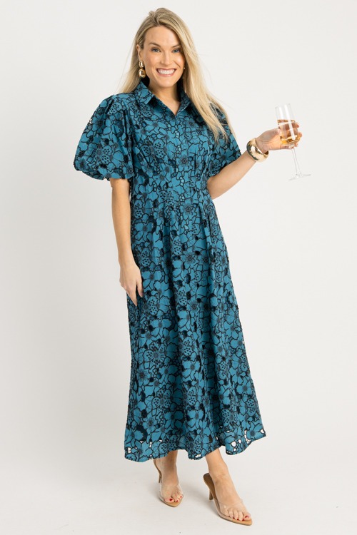 Floral Eyelet Button Midi, Teal