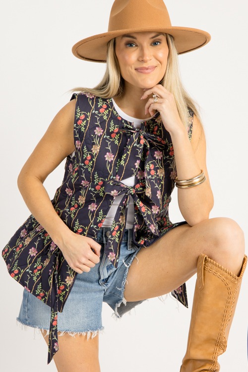 Floral Tie Peplum Vest, Navy