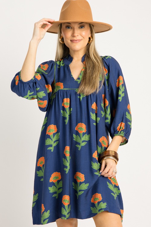 Block Print Floral Dress, Navy