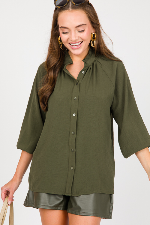 Ruffle Collar Button Top, Olive