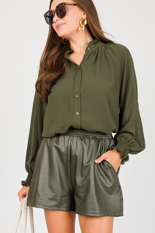 Ruffle Collar Button Top, Olive