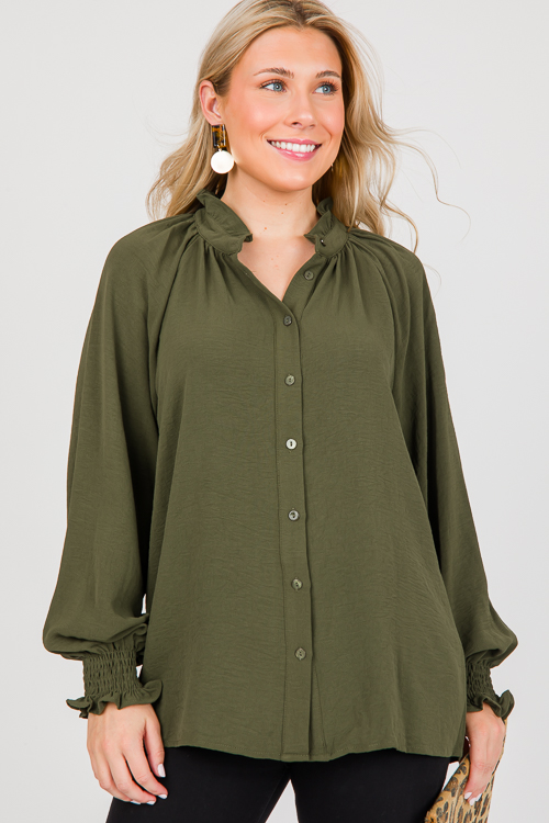 Ruffle Collar Button Top, Olive