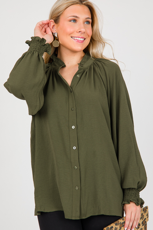 Ruffle Collar Button Top, Olive