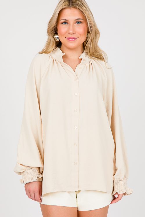 Ruffle Collar Button Top, Oatmeal