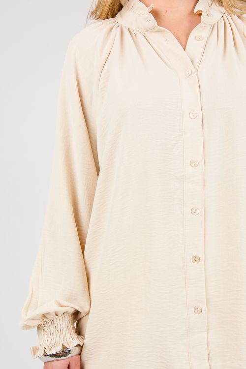 Ruffle Collar Button Top, Oatmeal