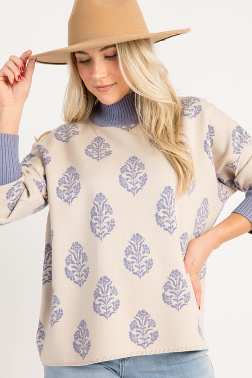 Floral Block Print Sweater, Ecru