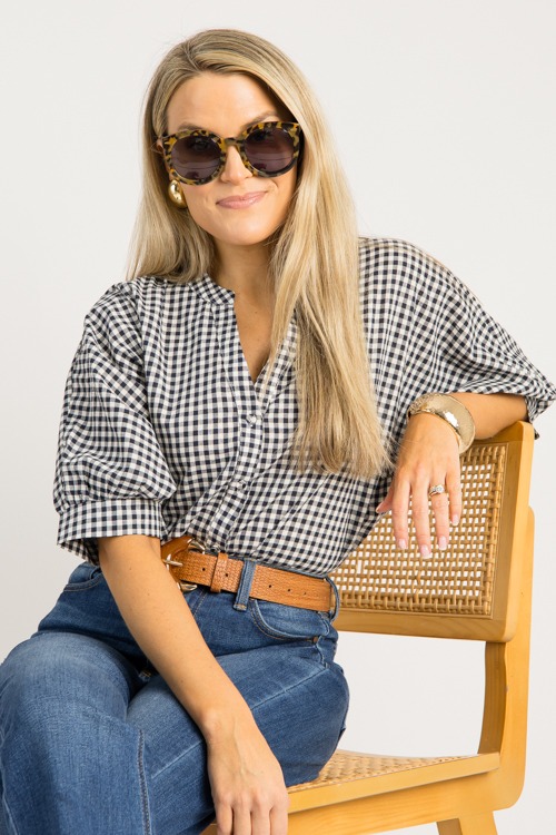 Gingham Button Up Blouse, Navy
