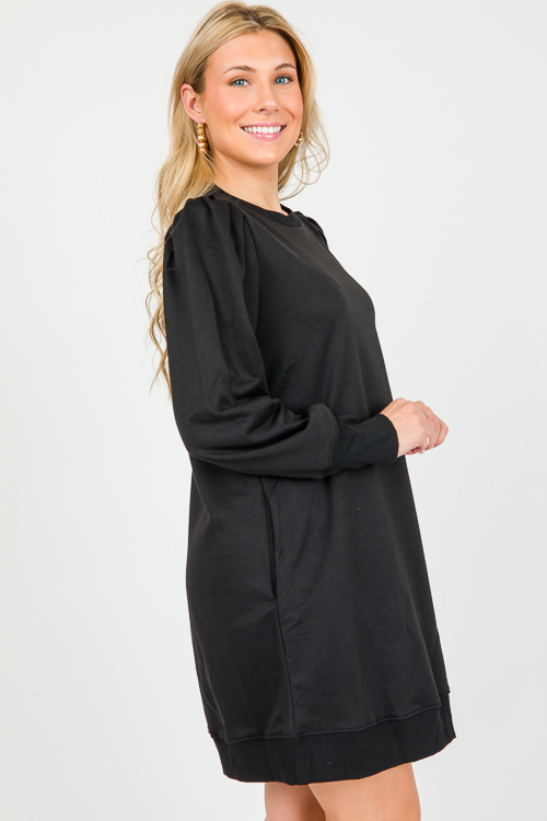 Terry Puff Sleeve Dress, Black